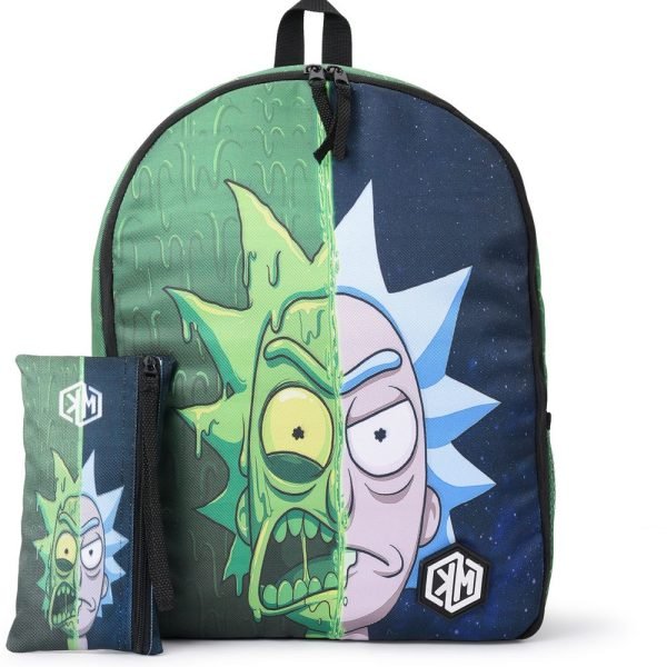 KM Polyester Evil Rick Print Zip-Up Top Handle Unisex Backpack – Navy and Green