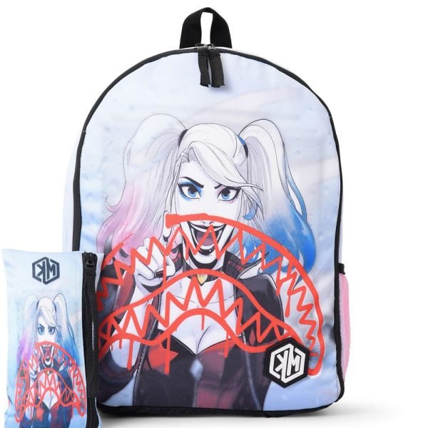 KM Polyester Harley Quinn Print Zip-Up Top Handle Unisex Backpack – White