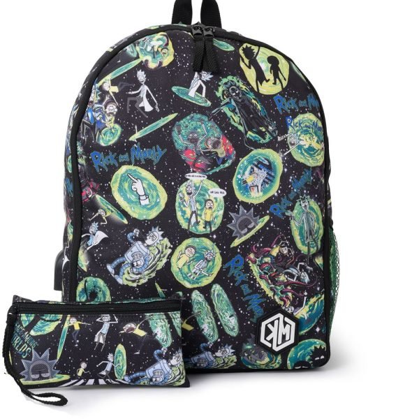 KM Polyester Rick and Morty Zip-Up Top Handle Unisex Backpack – Black and Green