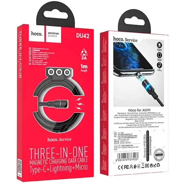 Hoco DU42 Charging Data Cable 3 in 1 Magnetic  2A Lightning, Type-c, Micro