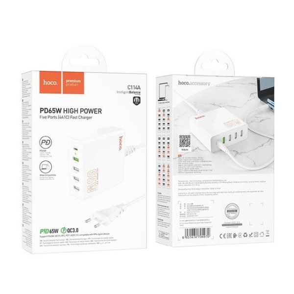 hoco C114A Vision PD 65W USB-C / Type-C + 4 USB Five Ports Fast Charger, Plug Type:EU Plug(White)