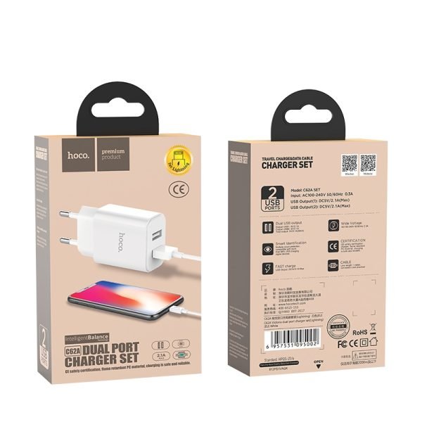Hoco Wall charger “C62A Victoria” dual USB port EU set with cable